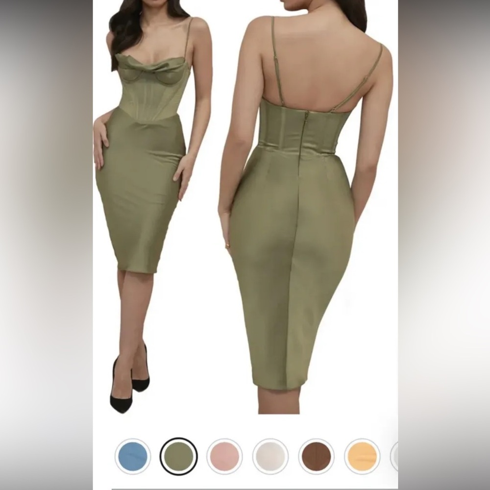 House of CB Olive green Satin Dress - Picture 2 of 8